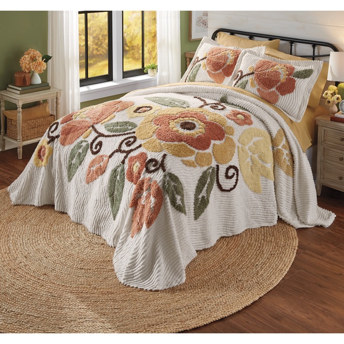 Autumnal Floral Chenille Bedspread, , large