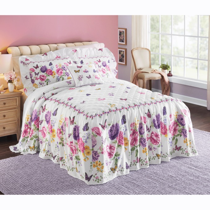Butterfly Floral Skirted Bedspread, , large