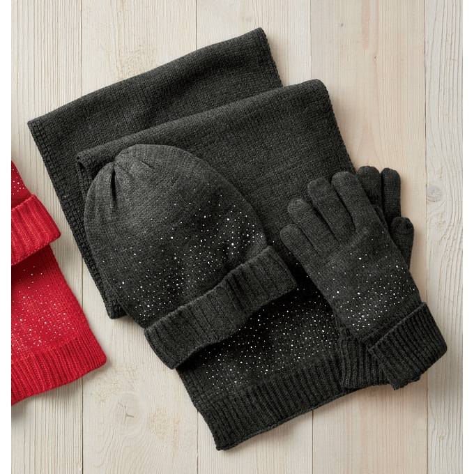 Rhinestone-Embellished Hat, Scarf & Glove Set, , large