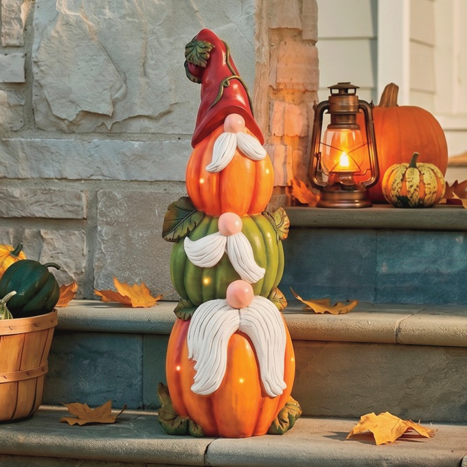 Large Lit Harvest Pumpkin/Gnome Stack, Multi, large