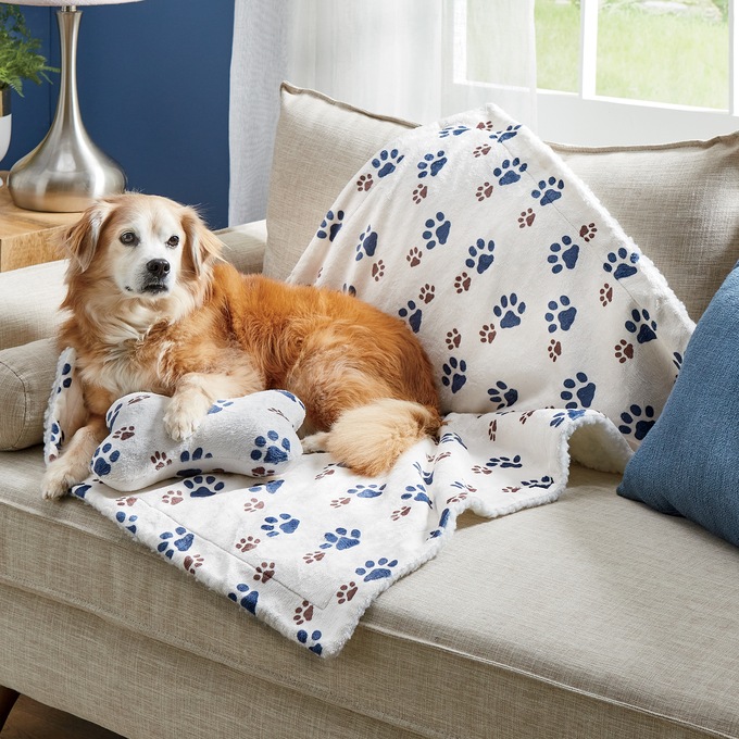 Faux-Sherpa Pet Blanket with Plush Toy, , large