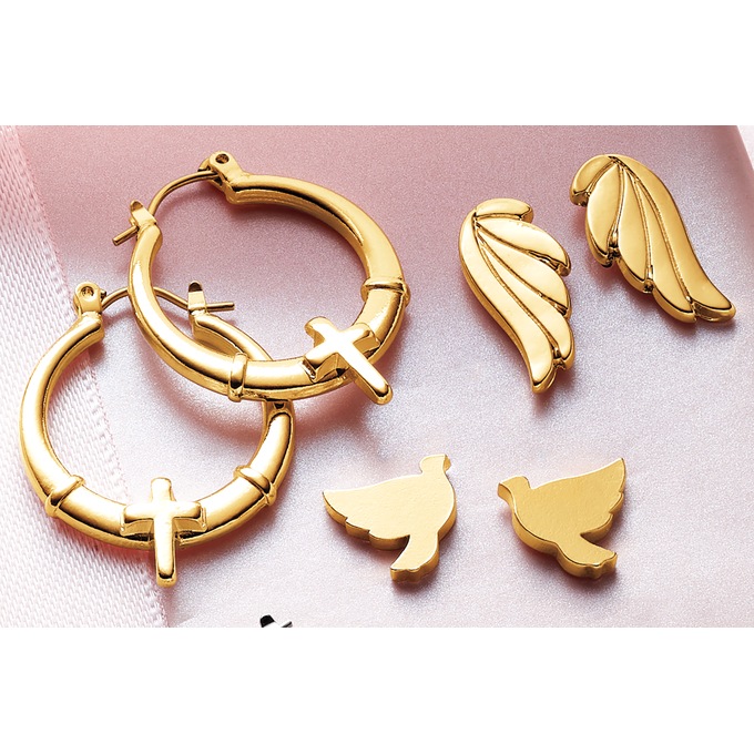 3-Pair Faith Earring Set, Goldtone, large