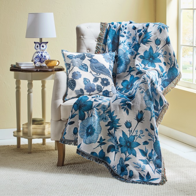 Blue Floral Tapestry Throw - 50" x 60", Blue, large
