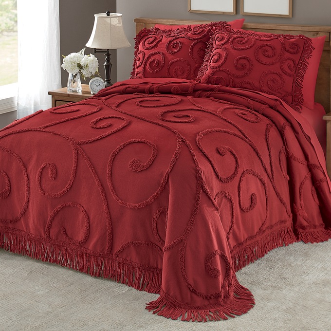 Scroll Chenille Bedspread and Sham, , large