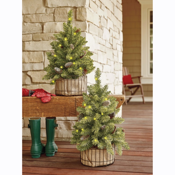 Set Of 2 Christmas Trees In Wire Basket, , large