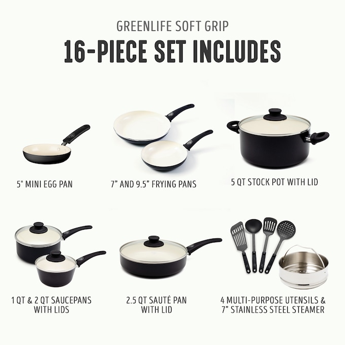GreenLife 16-Piece Soft-Grip Cookware Set, Black, large