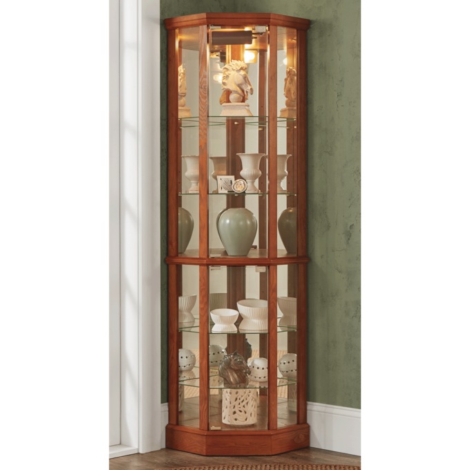 Tessa Lighted Display Corner Curio Cabinet with Glass Shelves and Mirrored Back, , large