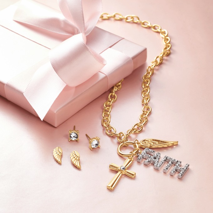 Faith Charm Necklace & 2-Pair Earring Set, Two Tone, large