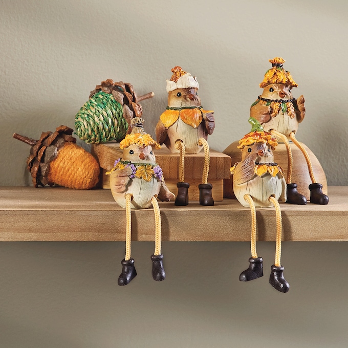 Set of 4 Harvest Bird Shelf Sitters, Multi, large