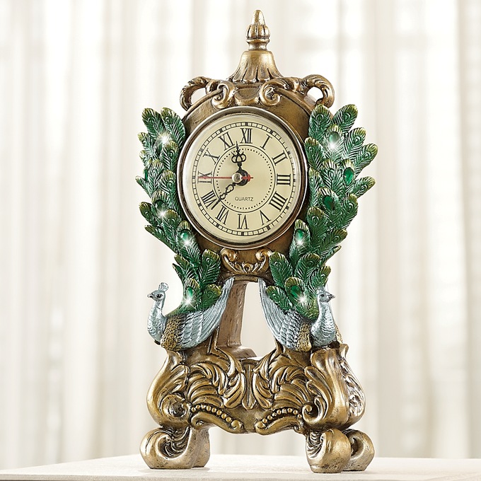 Carved Peacock Tabletop Clock, , large