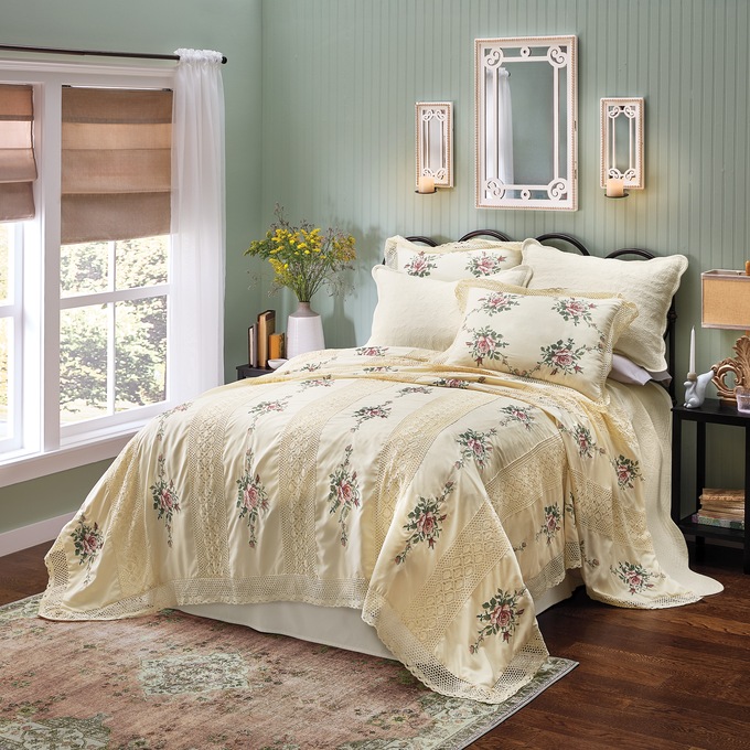 Grace Crochet Lace Oversized Quilt with Cross-Stitch Embroidery and Coordinating Sham, , large