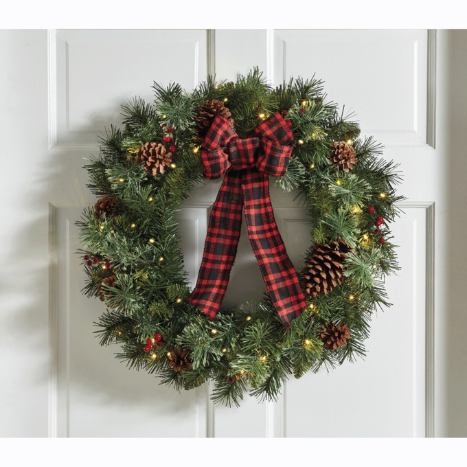 Lit Faux-Cashmere and Pine Wreath, , large