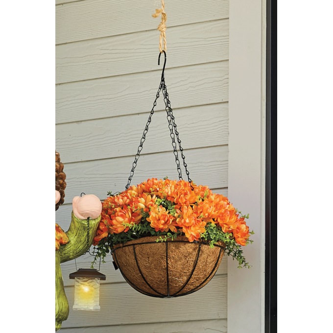 Outdoor Lit Faux Mums in Hanging Basket, Orange, large