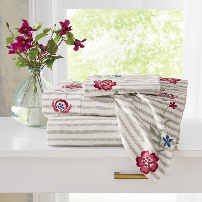 Embroidered Floral Cotton Ticking Stripe Sheet Set, , large