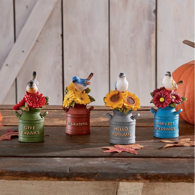 Set of 4 Birds On Milk Cans, , large