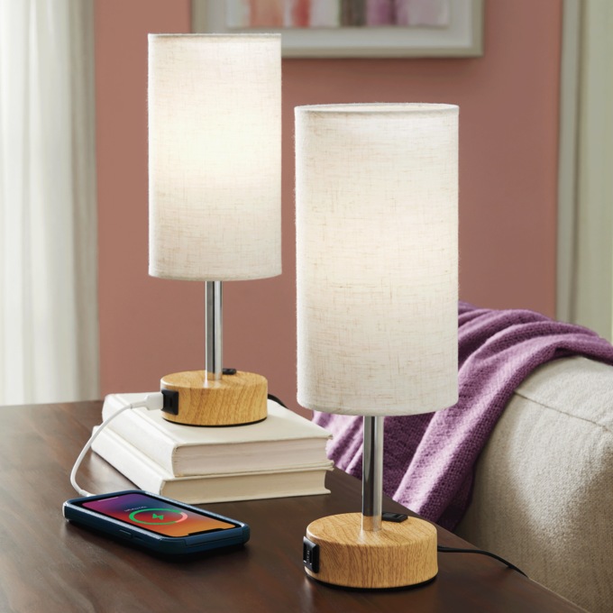 Set of 2 Multi-Charging Touch Lamps, Wood, large