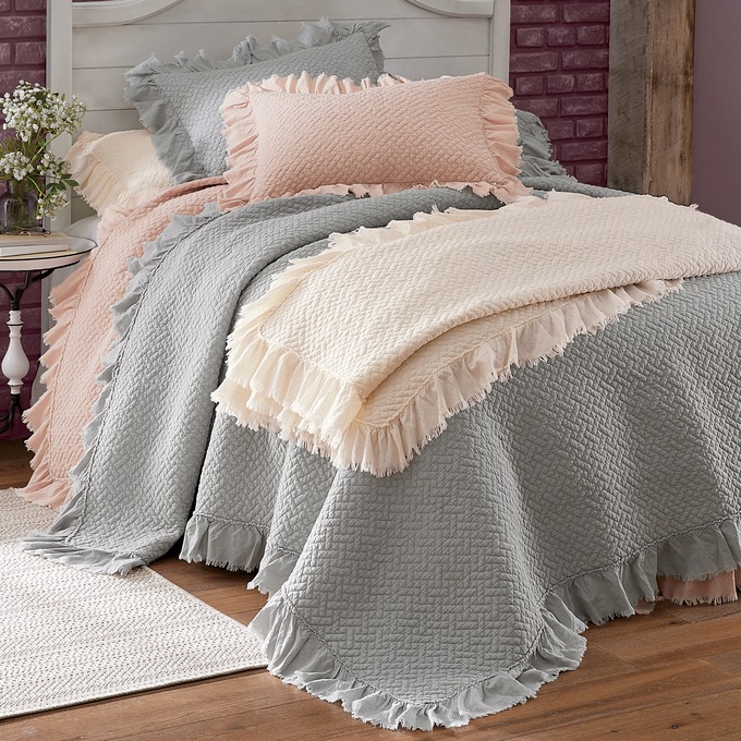Ruffled Hem Oversized Quilt, Gray, large