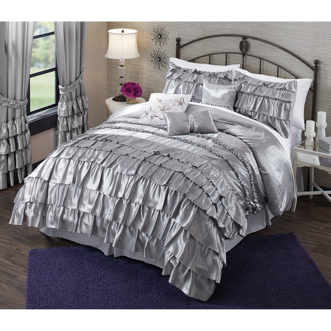 Bella Satin Ruffled 7-Piece Comforter Set, , large