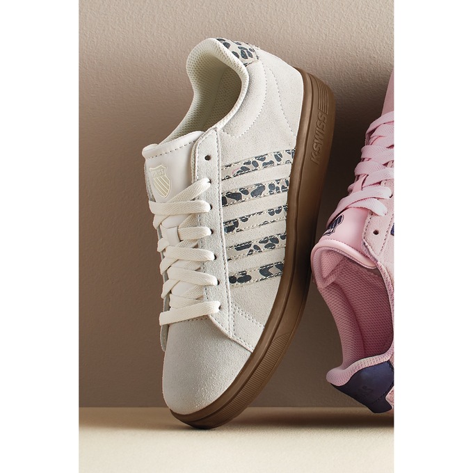 K-Swiss Women's Court Tiebreak II Suede Shoe, Snow White Light Gray Leopard Gum, large