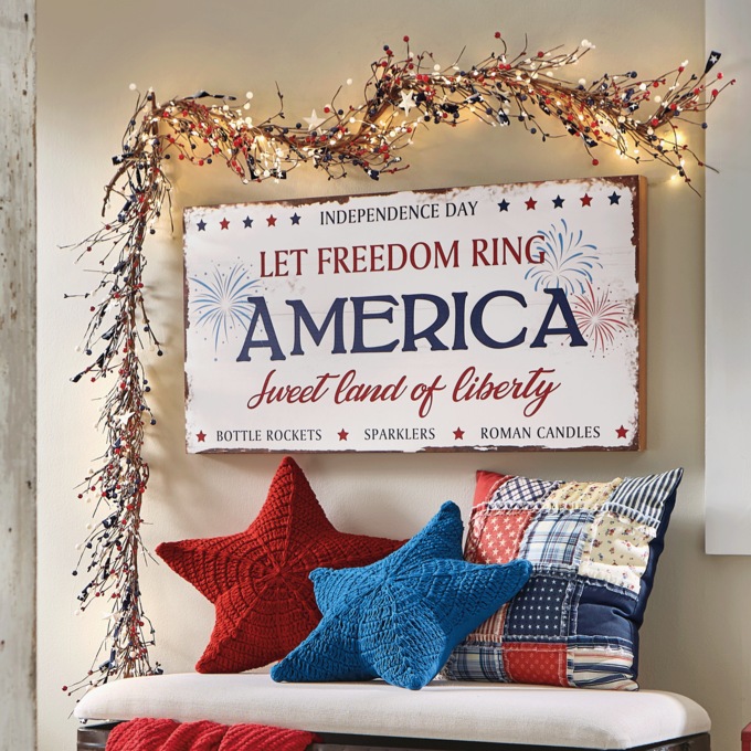 Lit Red, White and Blue Stars and Berry Garland, , large