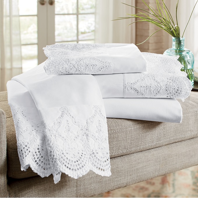 Scalloped Eyelet Cotton Sheet Set, , large