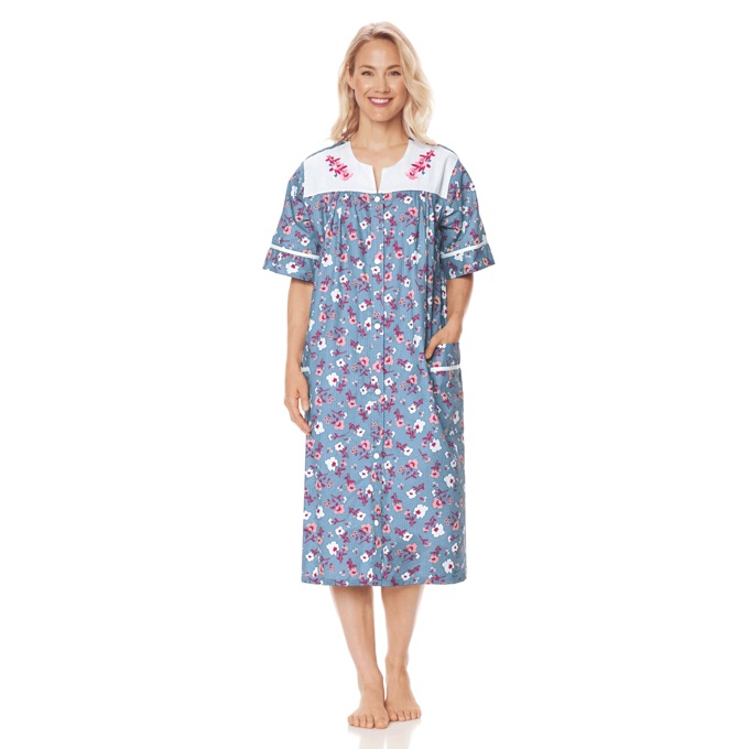 Duster With Embroidered Yoke, Blue Floral, large