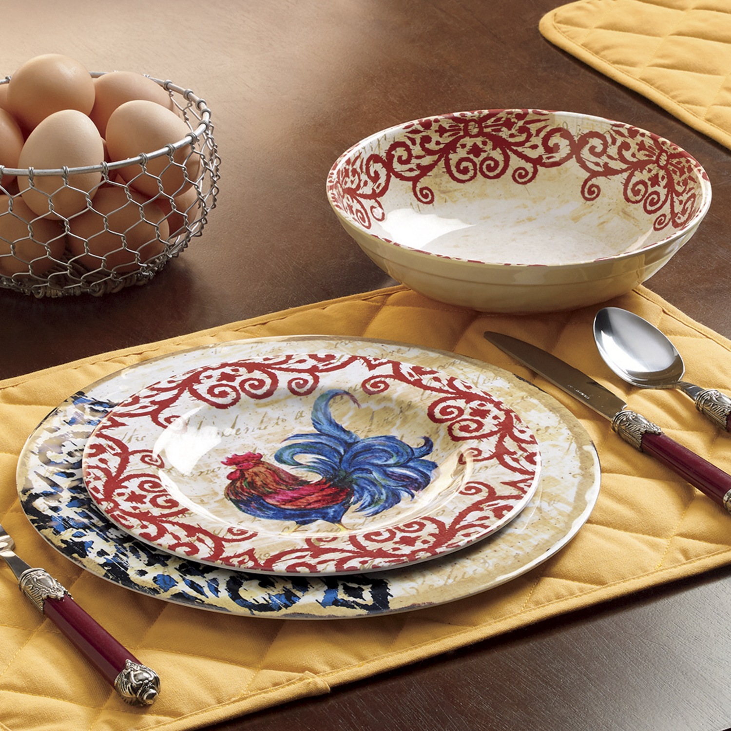 scroll rooster melamine dinnerware