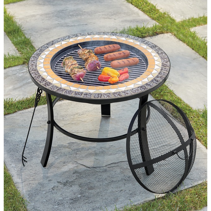 Mosaic Firepit with BBQ Grill, , large