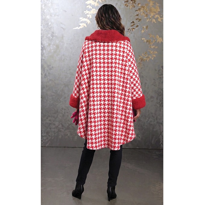 Sherpa-Trimmed Matching Fleece Cape with Gloves, Red White Houndstooth, large