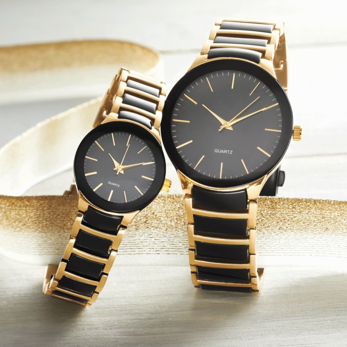His/Hers Black/Goldtone Watch Set, , large