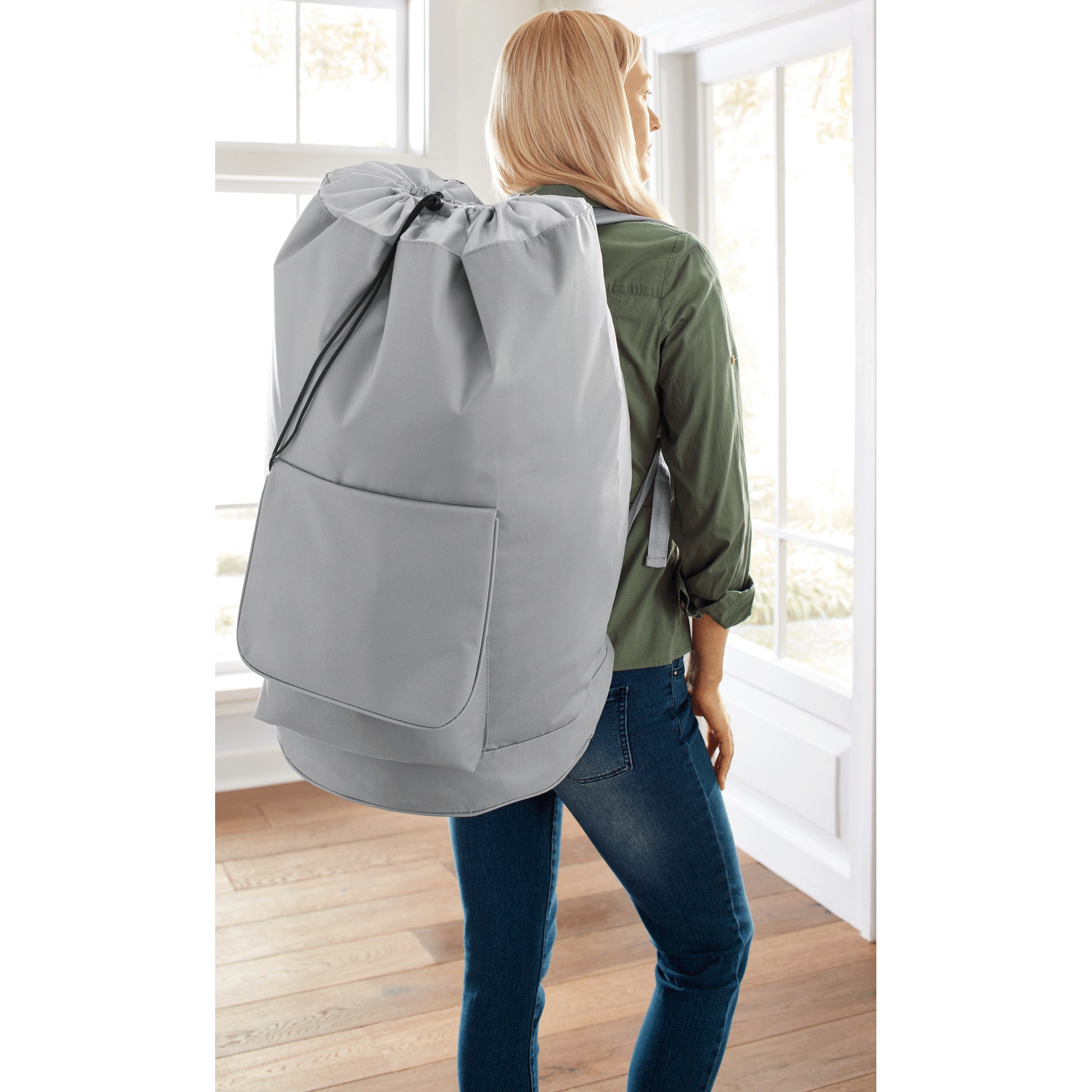 XL Backpack Laundry Bag with Pocket, Light Gray, large