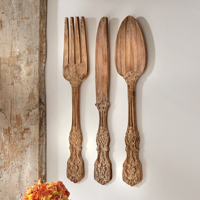 Set of 3 Carved Wood Wall Utensils, , large