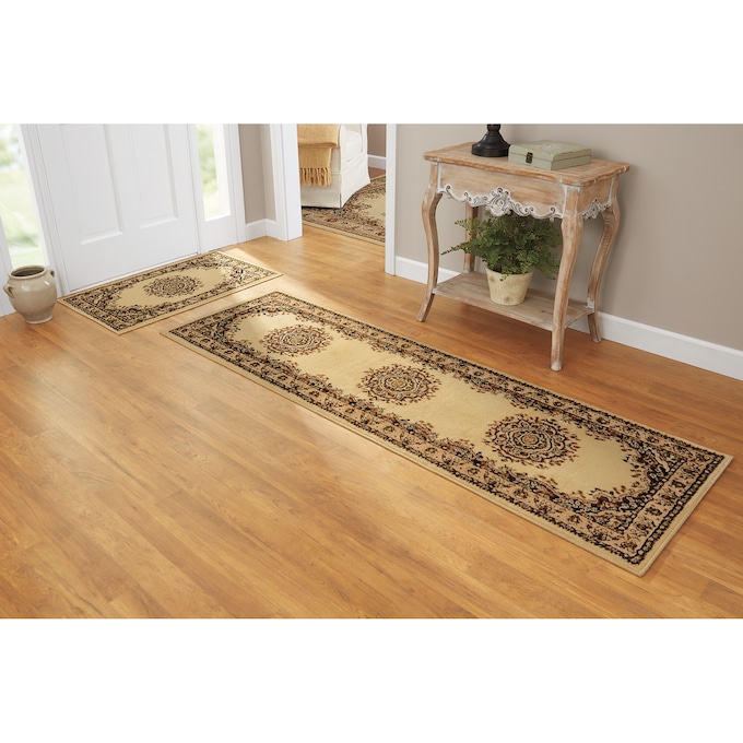 4-Piece Plush Floral Kirman Rug Set with Runner and Mats, Ivory, large