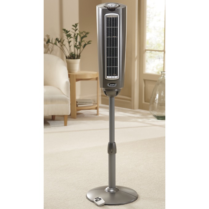 Lasko 52" Adjustable Space-Saving Oscillating Pedestal Tower Fan with 3-Speeds, Timer and Remote, Gray, , large