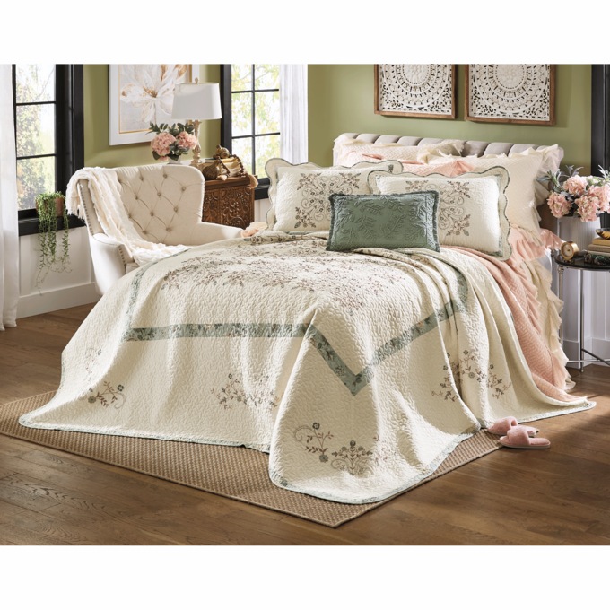 Vintage Treasure Embroidered Quilted Bedspread and Sham, , large