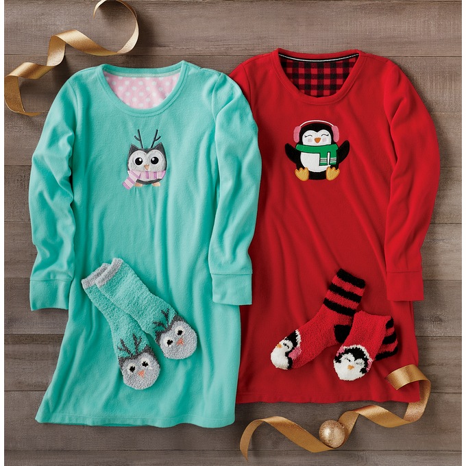 Holiday Friends Microfleece Nightshirt and Socks Set, , large