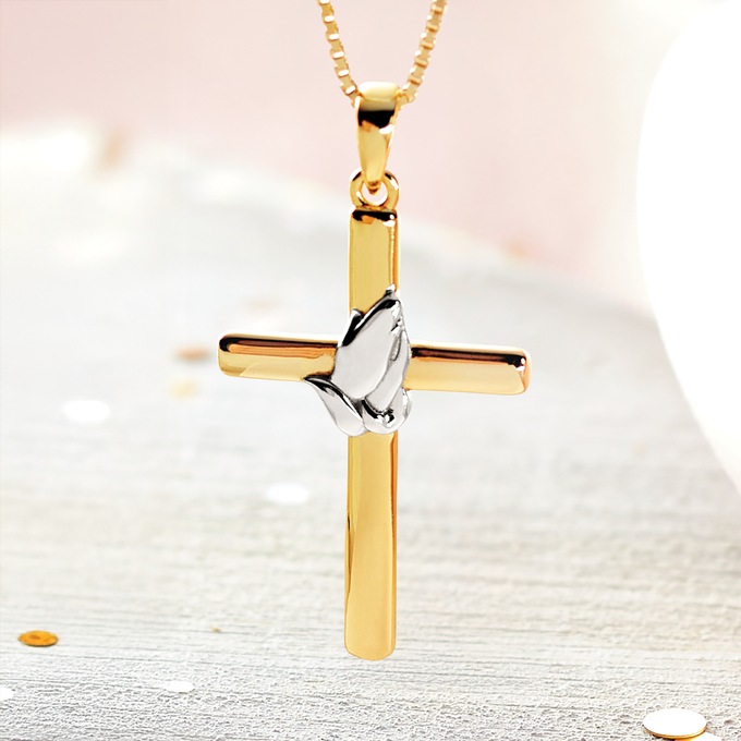 Two-Tone Cross/Praying Hands Pendant, , large