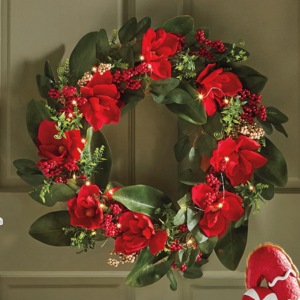 Lit Poinsettia Wreath, , large
