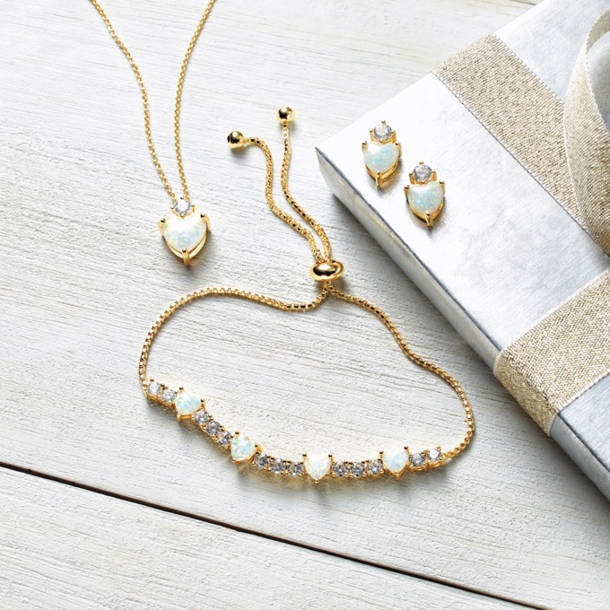 Lab Opal/Cubic Zirconia Heart Necklace, Bracelet & Earring Set, , large