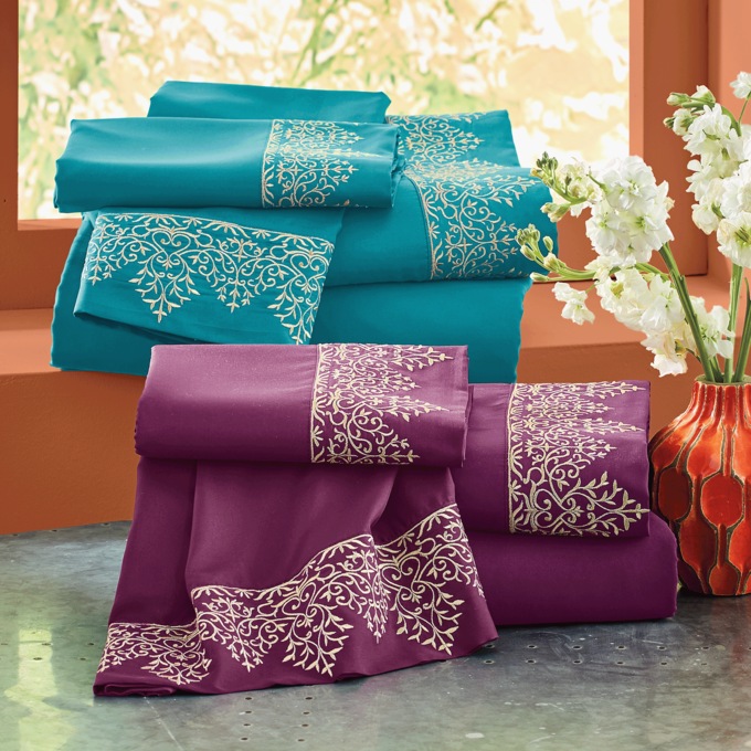 Moroccan-Style Embroidered Hem Sheet Set, , large