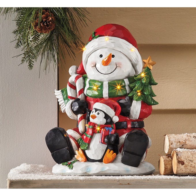 Lit Cheerful Snowman and Friend Figurine, , large