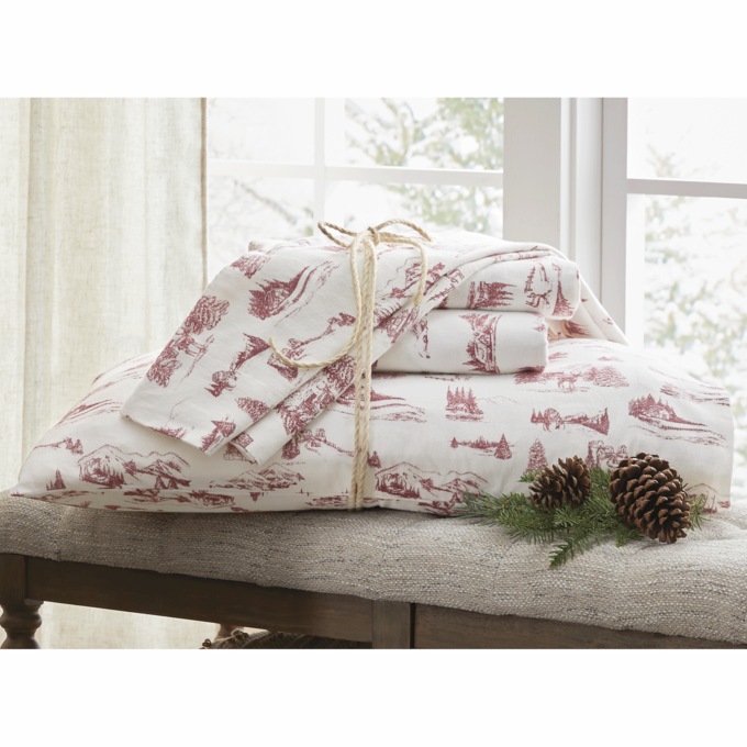 Christmas Toile Flannel Sheet Set, Red Toile, large