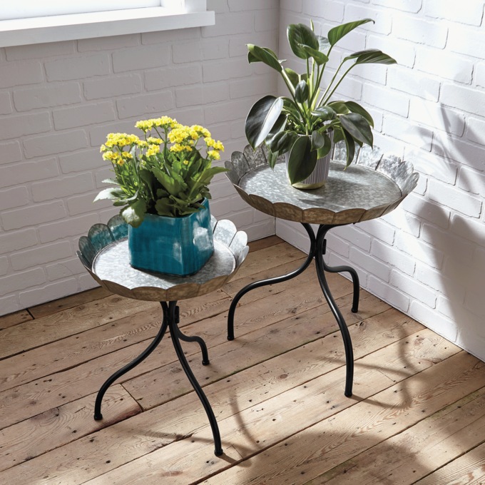 Set of 2 Galvanized Scalloped Plant Stands, , large