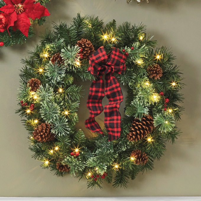Lit Faux-Cashmere and Pine Wreath, , large