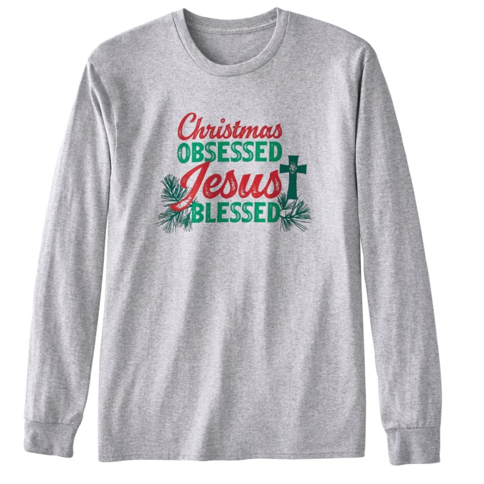 Christmas Obsessed, Jesus Blessed Long-Sleeve Holiday Tee, , large