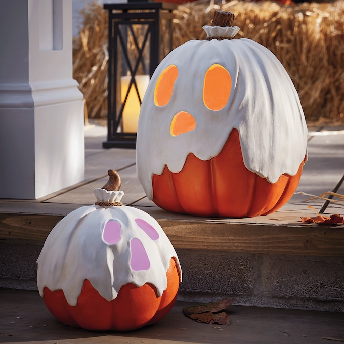 Set of 2 Outdoor Lit Ghost Pumpkins, White, large