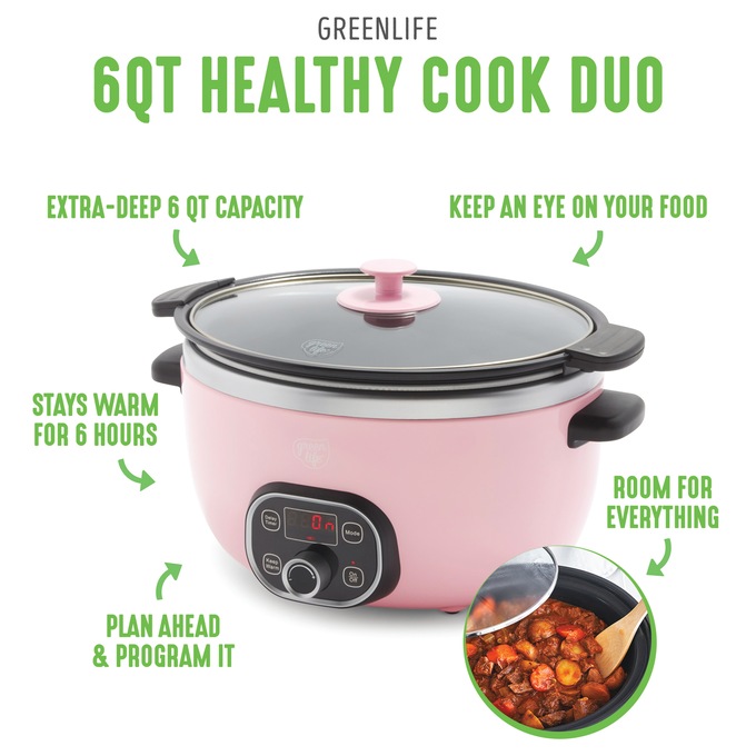 Green Life Slow Cooker Healthy Duo 6-Quart Slow Cooker, Pink, large