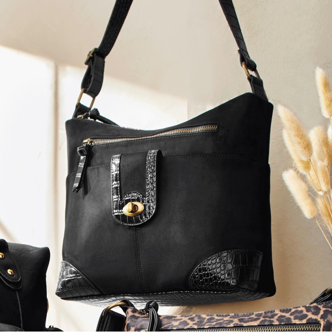 Faux Suede and Croco-Embossed Satchel, Black, large