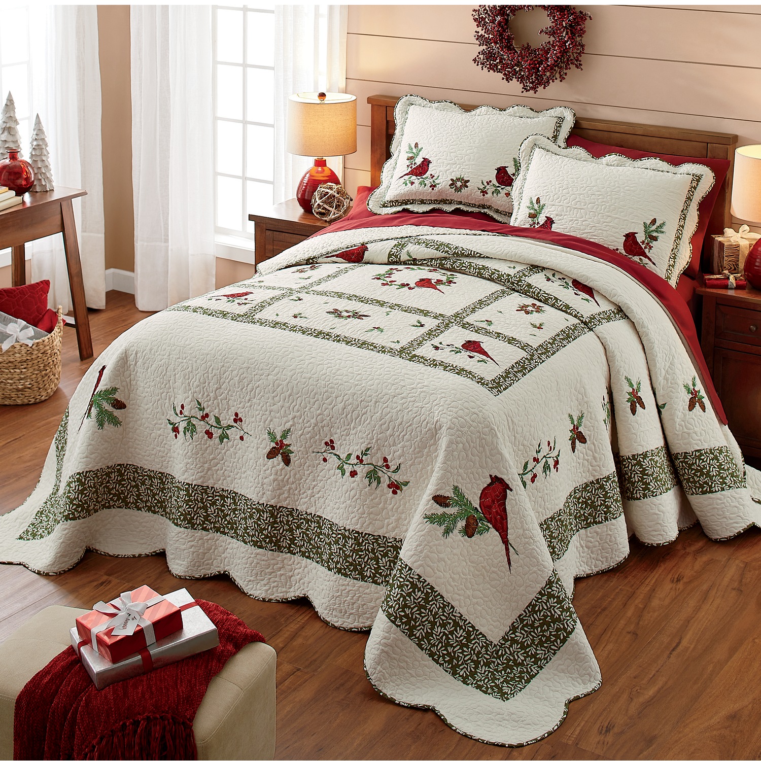 Cardinal Embroidered Quilted Bedspread and Sham Ginny's