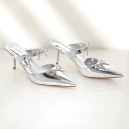 Azalea Wang Charlotte Rhinestone-Bow Mule in Shiny Metallic Faux Patent Leather, , large